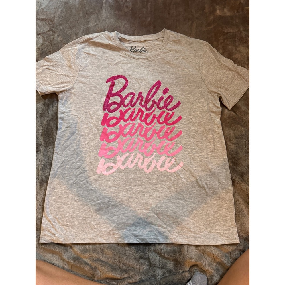 Barbie Graphic T-Shirt Heather Gray Pink Ombre Glitter Logo Small Hybrid Mattel